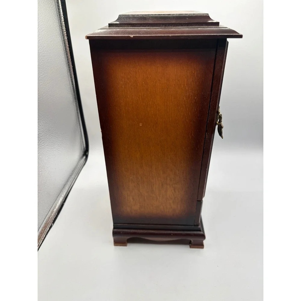 Vintage Wooden Jewelry Box Armoire Sunset Scene Music Box Cabinet 3 Drawers